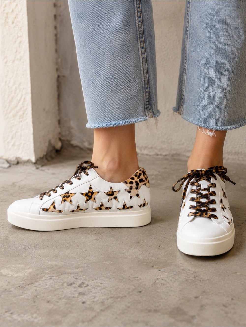 Vaneli Yolen White Nappa Leather Sneakers with Leopard Star Cutouts - Women’s 9
